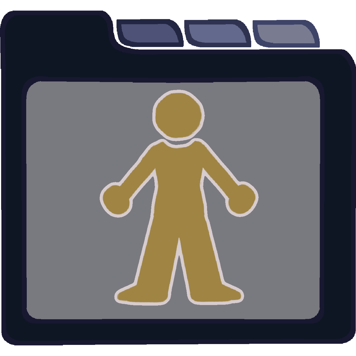 A icon of a dark blue file folder with three tabs at the top and a grey panel in the center. On the panel is a desaturated, simply stylized, yellow person. 